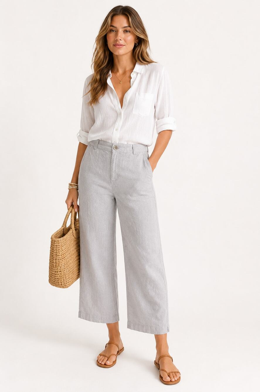 Pilcro Anthropologie Gray Linen Wide Leg Crop Pants High Rise Size 2 Coastal